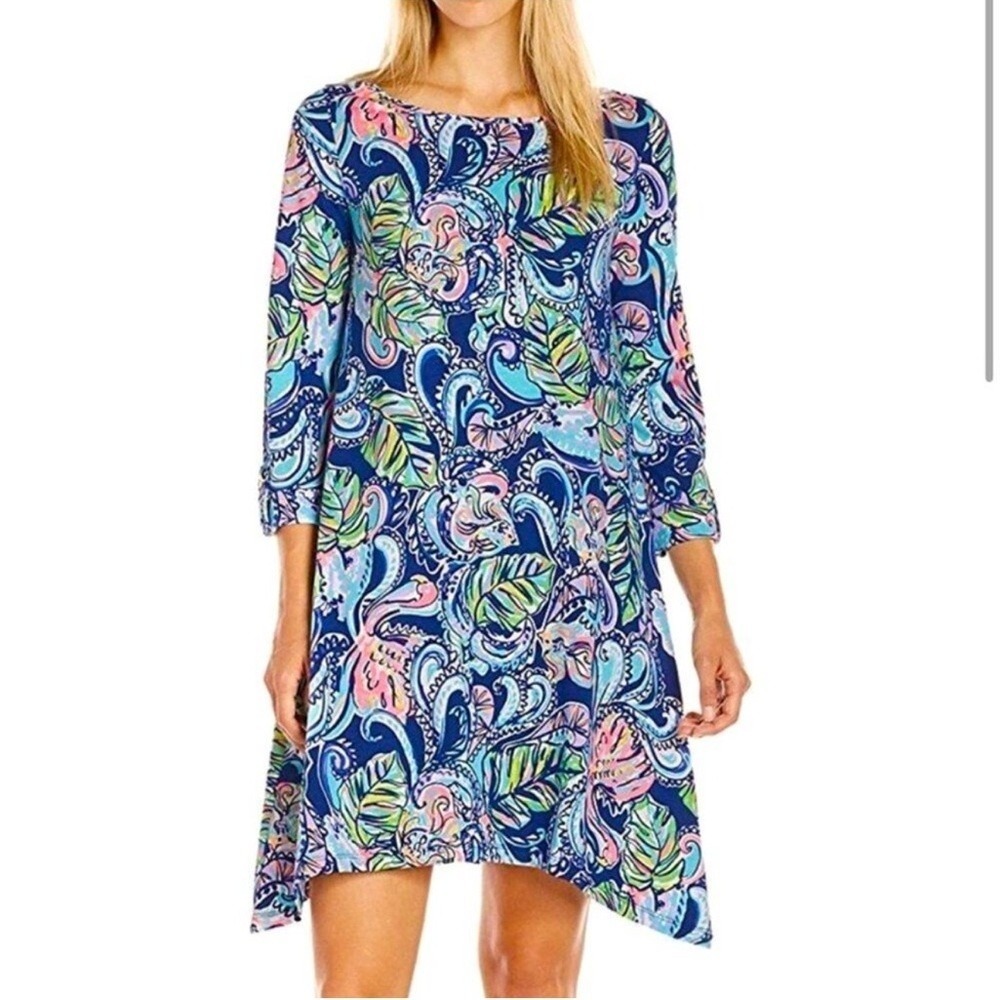 Lilly Pulitzer Edna Swing Dress Women Medium Blue Hanging With Fronds Paisley